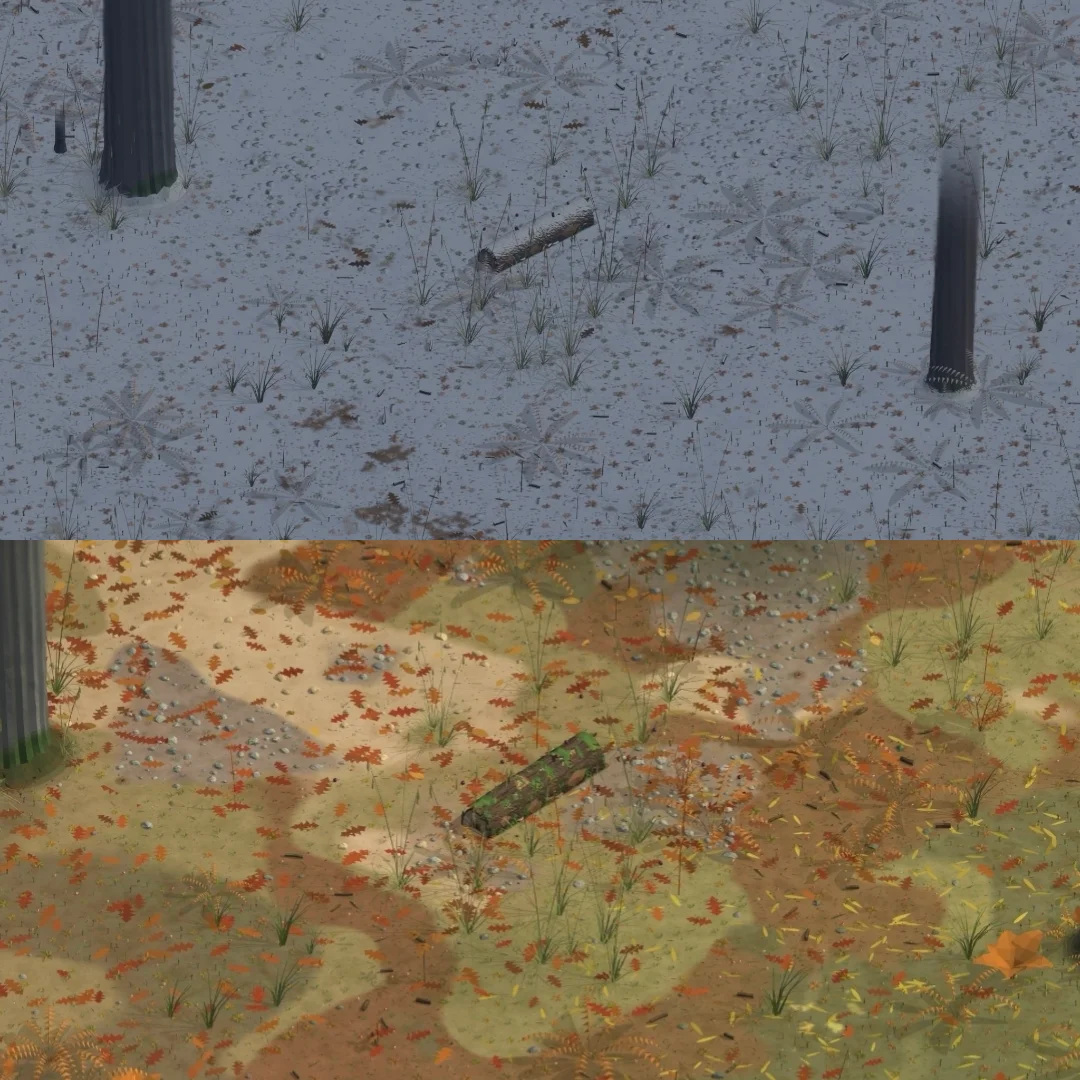 The same patch of forest floor in Loam Colony, covered in snow on top and full of orange autumn leaves below